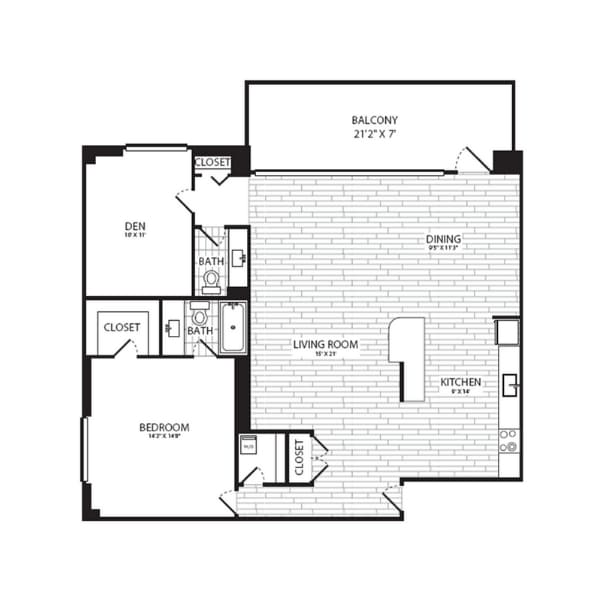 Floor Plan - 1 Bedroom + Den, 1.5 Bath 1100 SF A15G