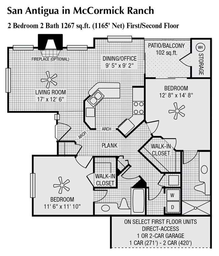 Floor Plan - 2 Bed 2 Bath 1-car Garage 1267 SqFt (1165 Net)