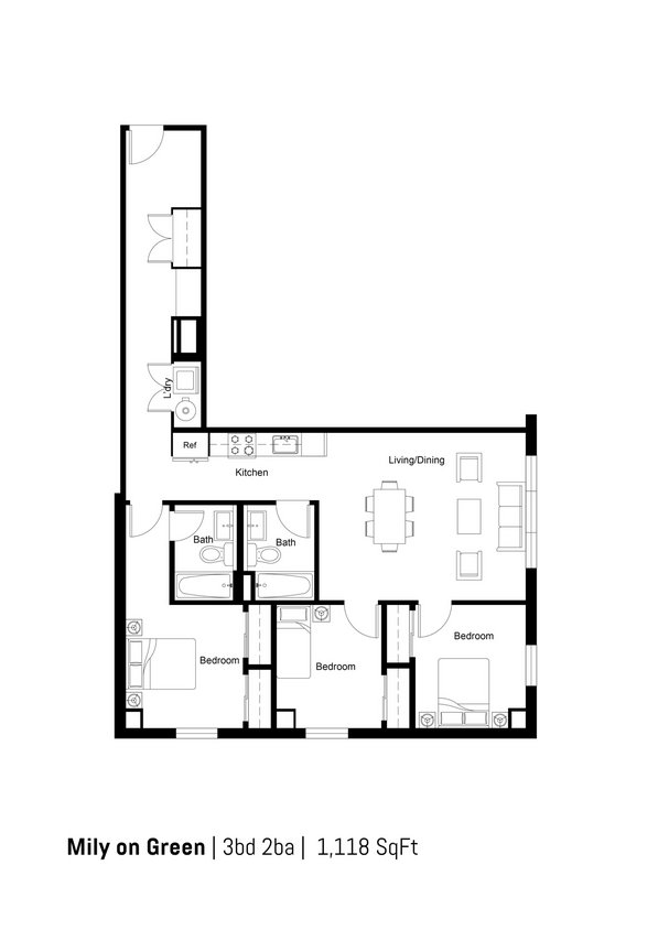 Floor Plan - 3B2B-A 1118sf