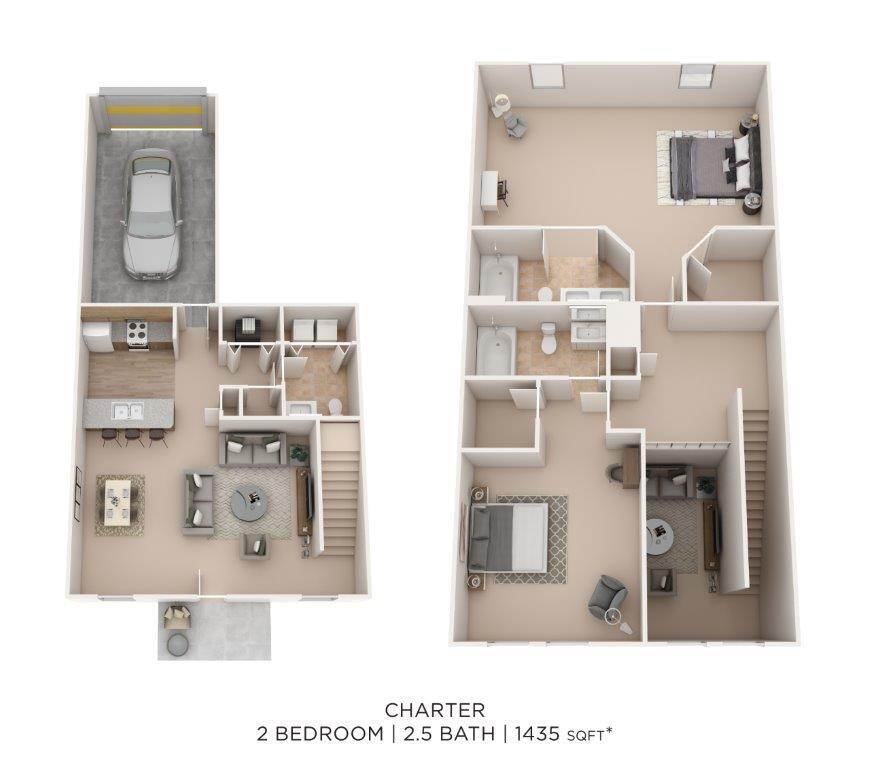 Floor Plan - Two Bedroom 2.5 Bath Townhome- 1435 sqft