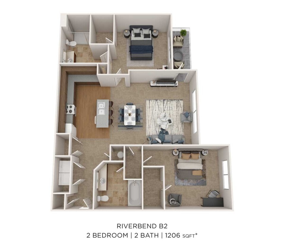 Floor Plan - Two Bedroom 2 Bath - 1,206 sqft