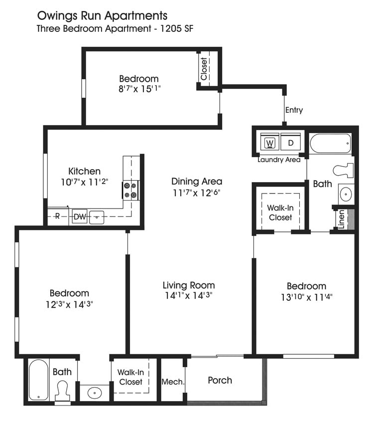 Floor Plan - 3BR 2BA (1205sf)
