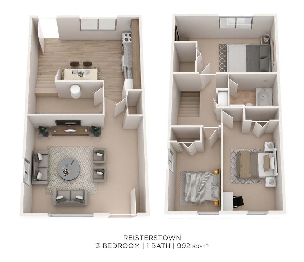 Floor Plan - Three Bedroom Townhouse - 992 sqft