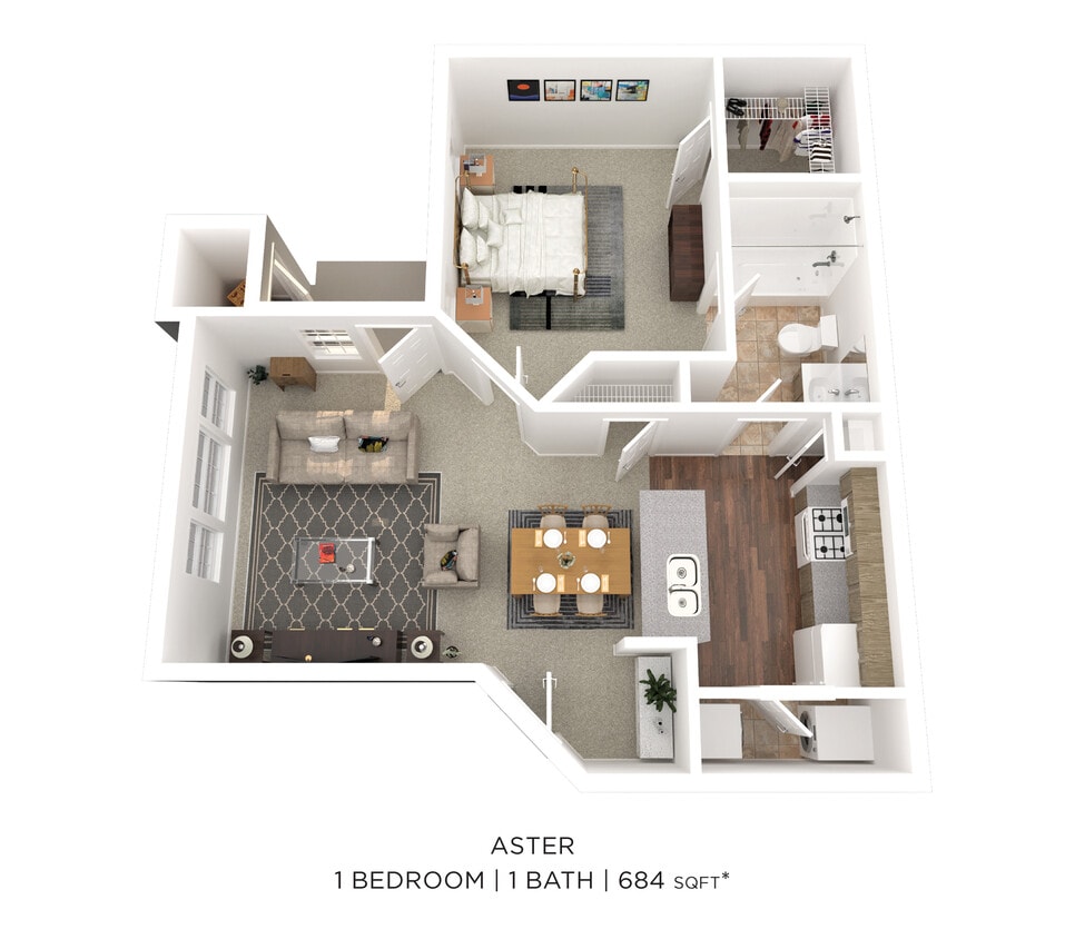 Floor Plan - One Bedroom - 684 sqft