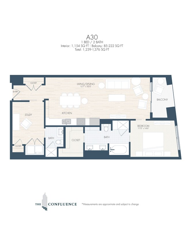Floor Plan - A30 | Tower 1 Bedroom/Study