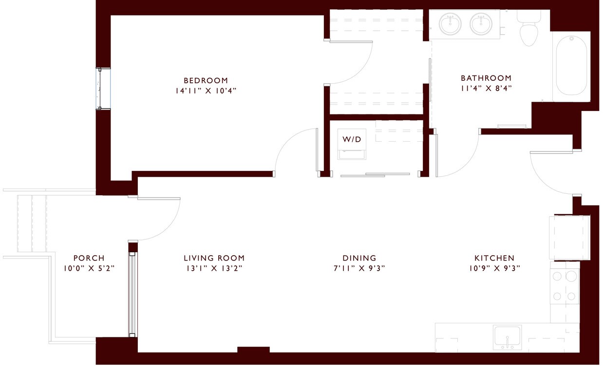 Explore this thoughtfully designed one-bedroom apartment with open living spaces and a cozy porch. - A10