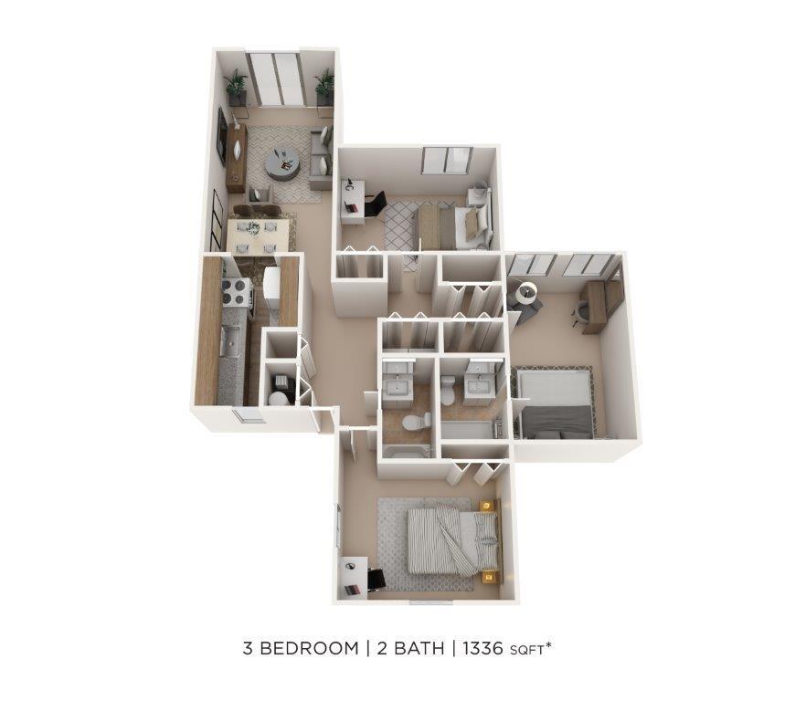 Floor Plan - Three Bedroom 2 Bath- 1,336 sqft