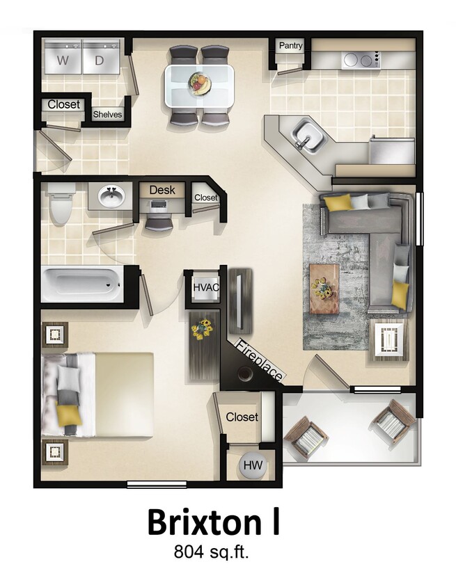 Floor Plan - 1 Bedroom with Sunroom or Patio Brixton 
