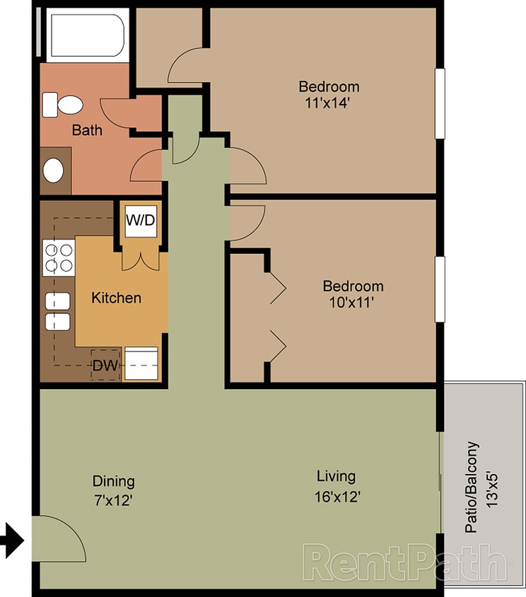 Inviting floor plan showcasing a spacious 2-bedroom layout with an open living-dining area, modern kitchen, and charming patio balcony. - 2b1 - Aruba