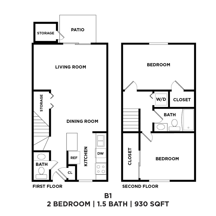 Floor Plan - Two Bed  1.5 Bath  930 Sqft