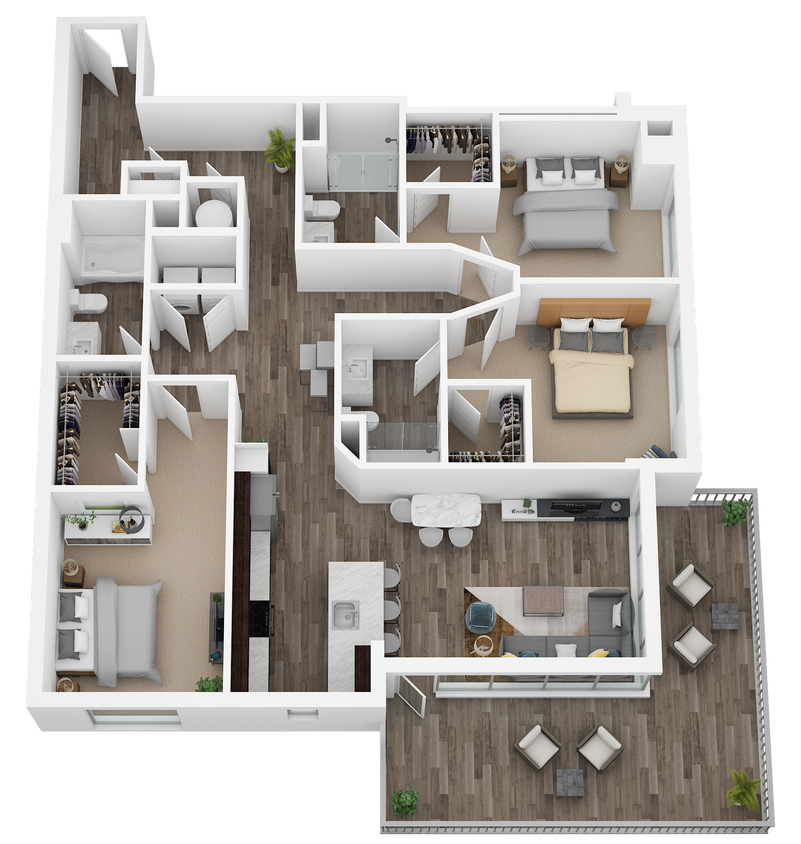 3Bd 3Ba w Balcony 3D.png - Three Bed/Three Bath/Balcony