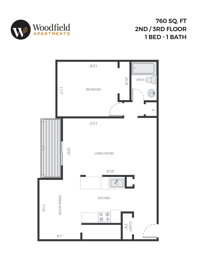 Floor Plan - 1 Bed, 1 Bath - 760 sq ft