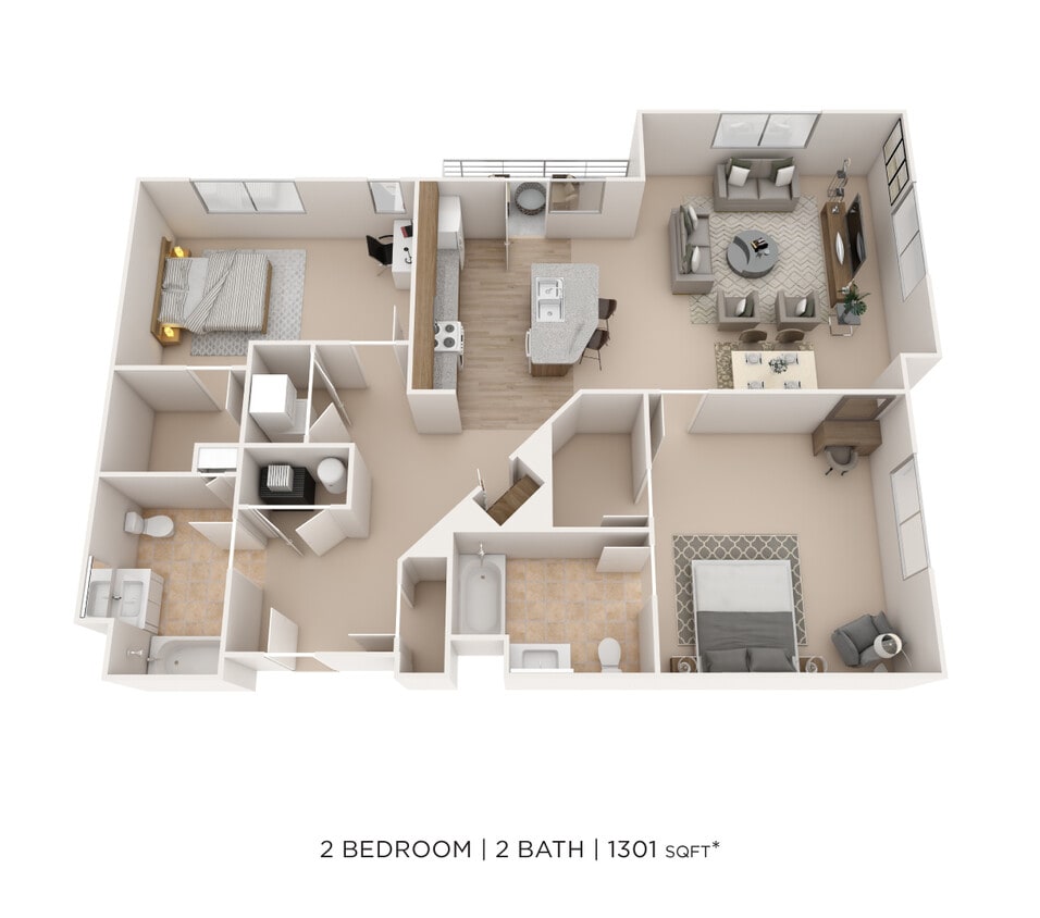 Floor Plan - Two Bedroom 2 Bath- 1301 sqft