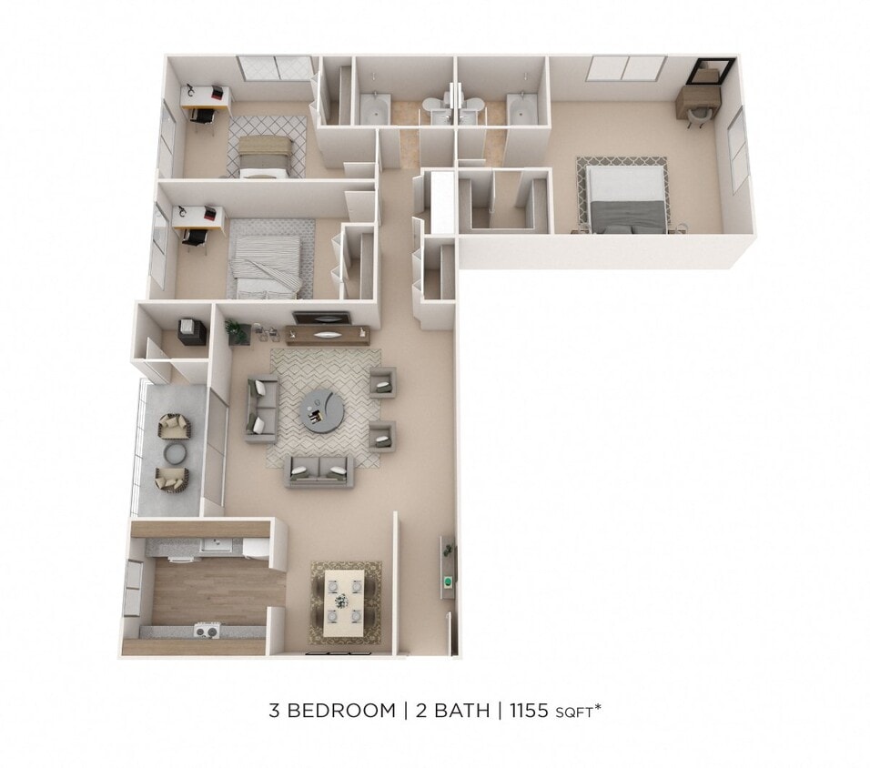 Floor Plan - Three Bedroom 2 Bath - 1,155 sqft