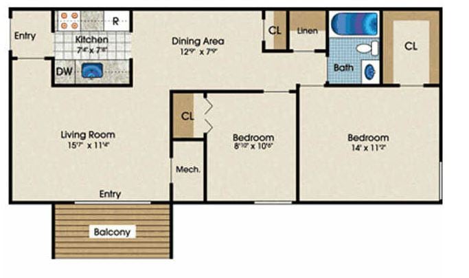 2 Bed 1 Bath - 2B