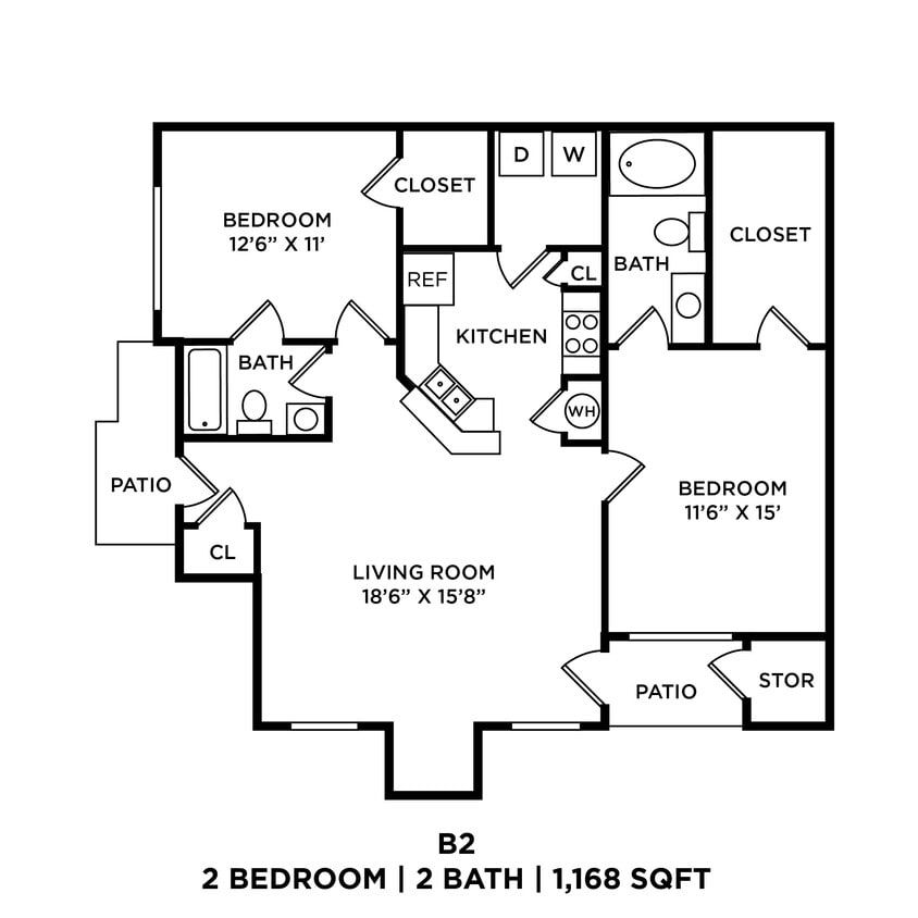 Floor Plan - Two Bedroom 2 Bath - 1,168 sqft