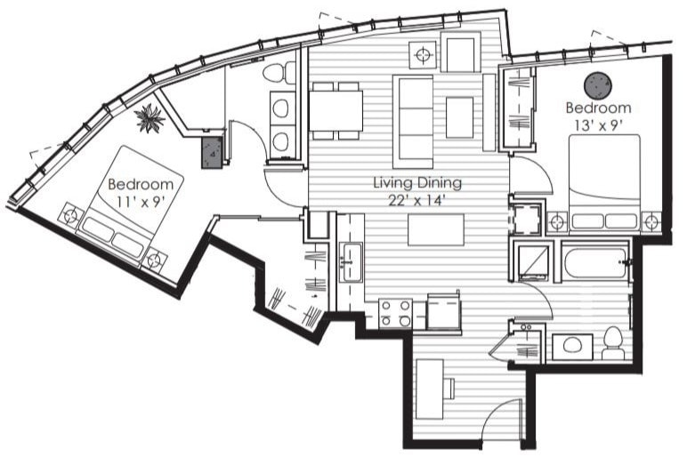 Floorplan x17; 959 SF - 2x2 E