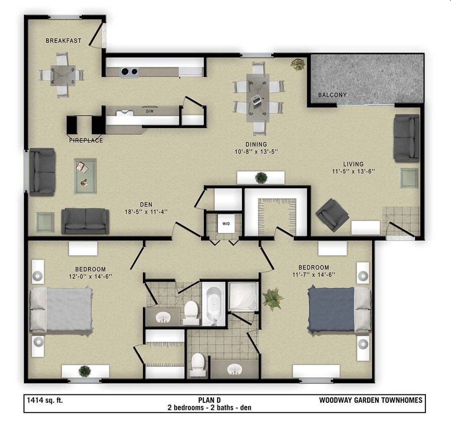 Plan D - 2 Bedroom 2 Bathrooms Flat with study/den