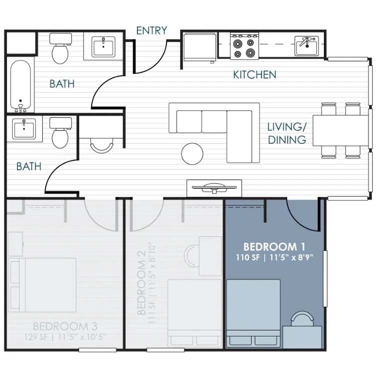 Floor Plan - 3-Bedroom 1.5-Bathroom Traditional Suite
