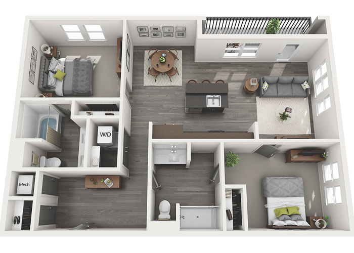 Floor Plan - 2 Bedroom 2 Bath - 1123 sq. ft.