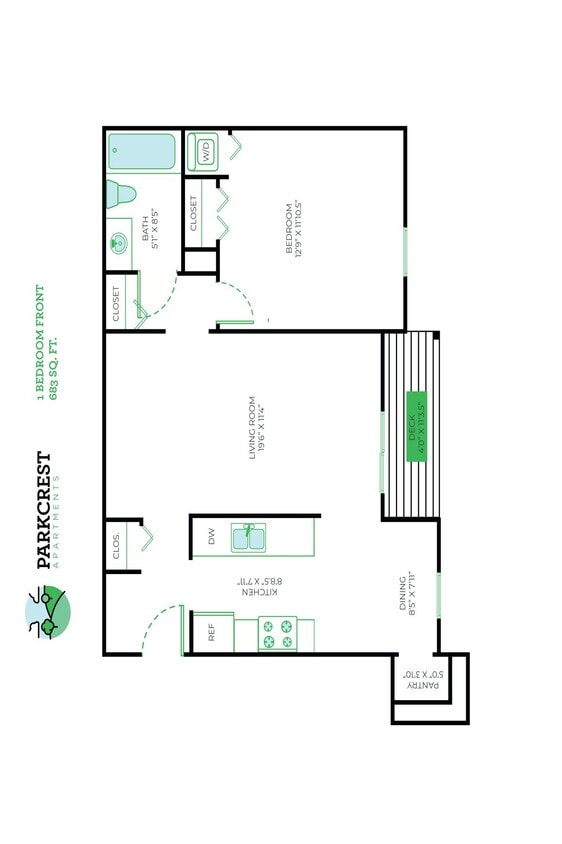 Floor Plan - 1 Bed, 1 Bath - 683 sq ft