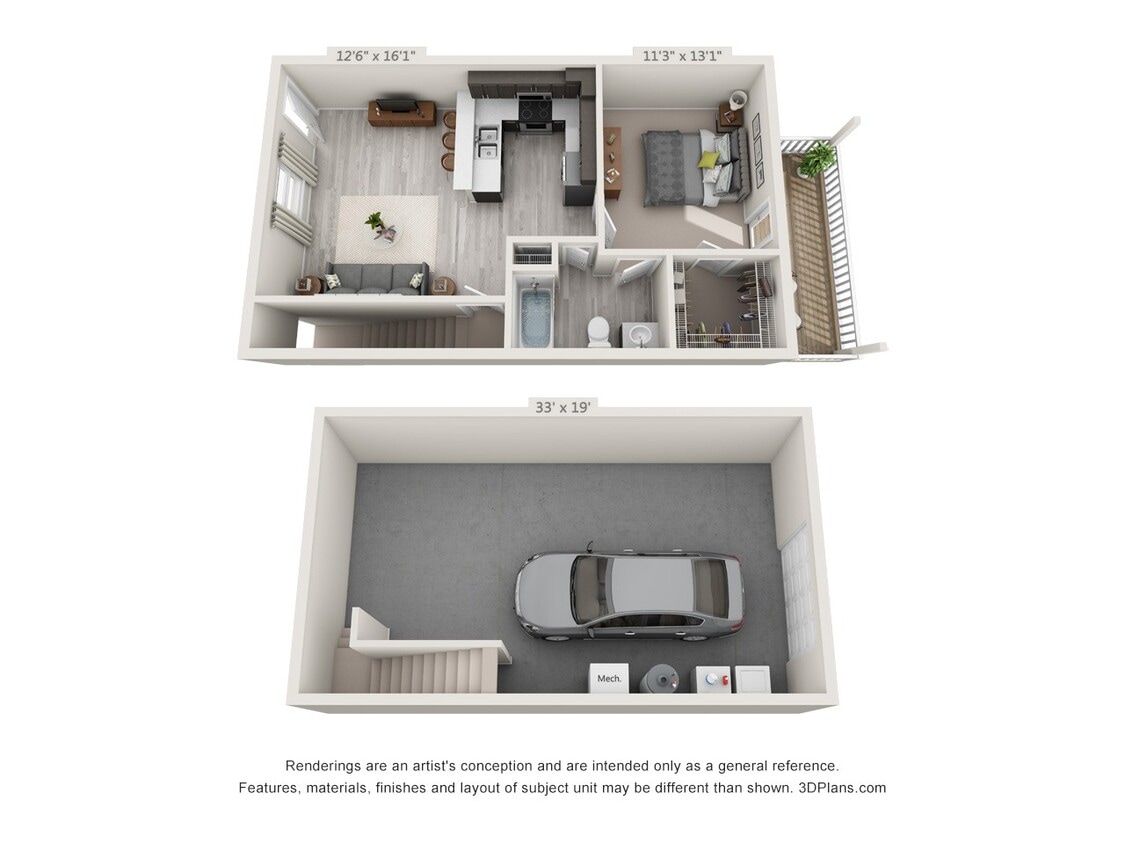 Floor Plan - 1 Bedroom with Drive Under Garage - 680sf