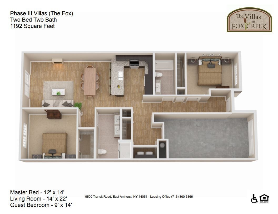 Floor Plan - Fox Villa - 2 Bedroom, 2 Bath - 1192 Square Feet