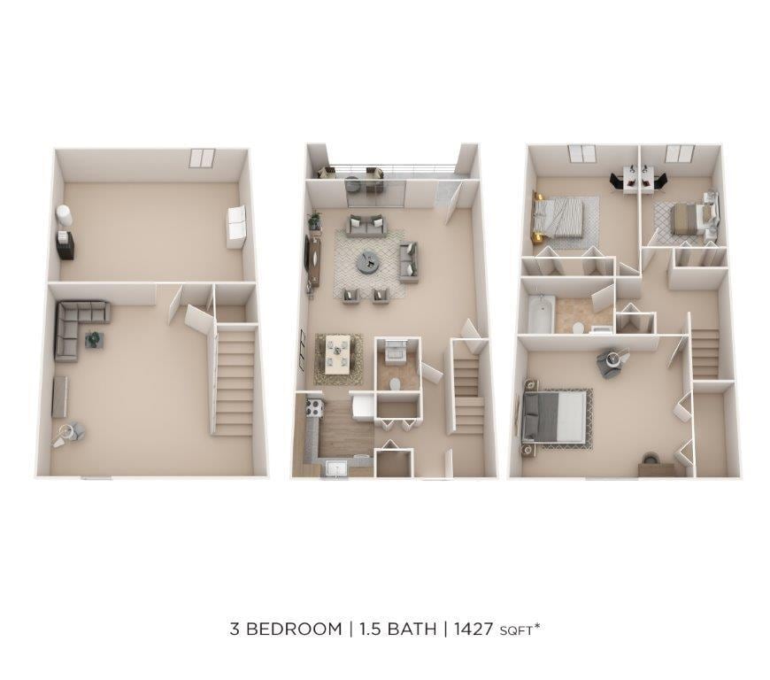 Floor Plan - Three Bedroom 1.5 Bath Townhome - 1,427 sqft