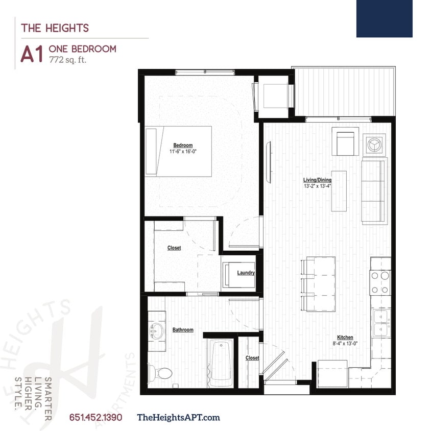 Floor Plan - A1 - 1 bed 1 bath   3rd floor