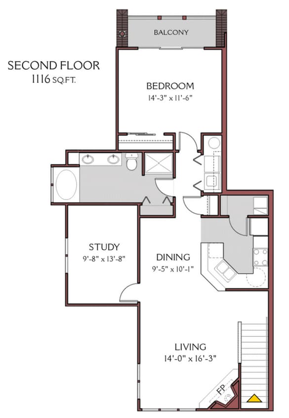 Floor Plan - 1 Bed/1 Bath w/ Den (2nd floor) - Fully Upgraded