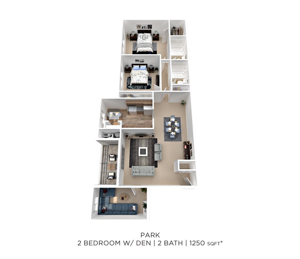 Floor Plan - Two Bedroom 2 Bath w/ Den - 1,250 sqft