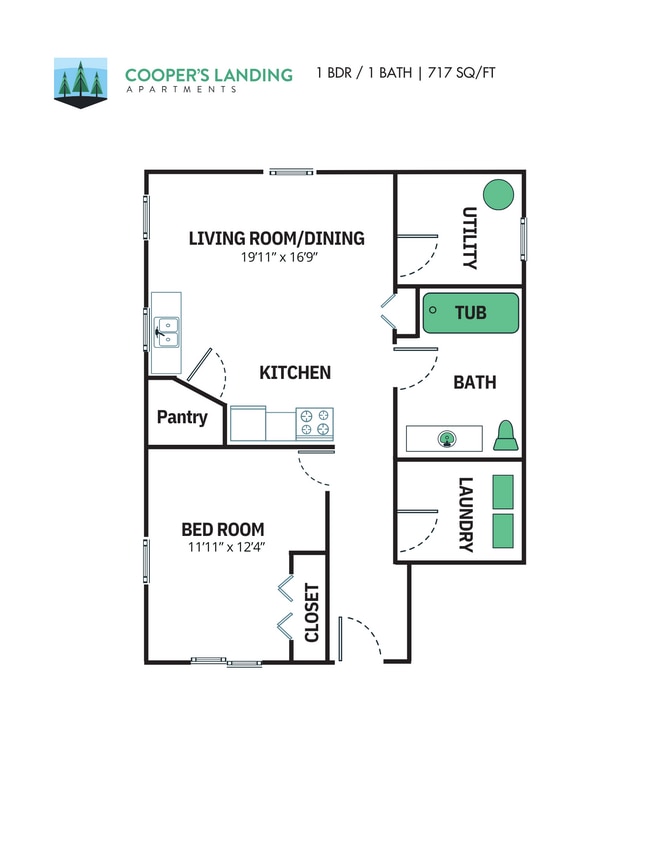 Floor Plan - 1 Bed, 1 Bath - 717 sq ft