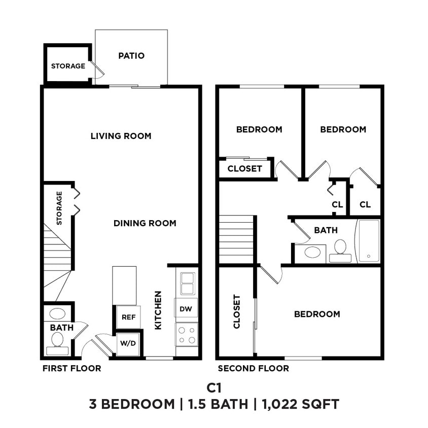 Floor Plan - Three Bed 1.5 Bath 1022 Sqft