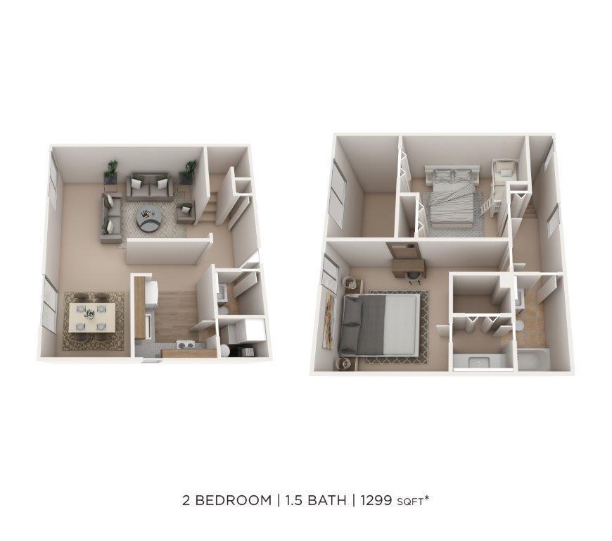 Floor Plan - Two Bedroom 1.5 Bath- 1,299 sqft