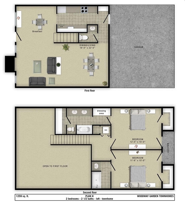 Plan H - 2 Bedroom 2 and 1/2 Bathrooms Townhome