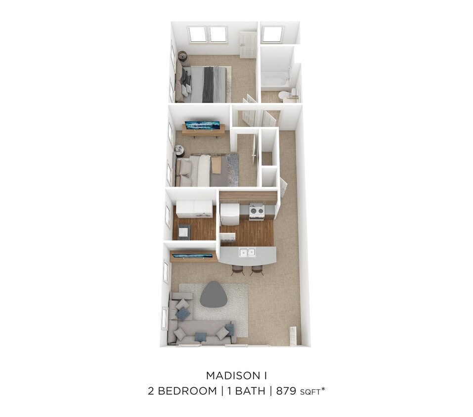 Floor Plan - Two Bedroom 1 Bath- Madison I 879 sqft