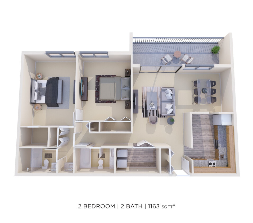 Floor Plan - Two Bedroom 2 Bath-1163 sqft
