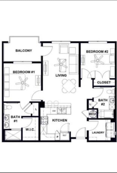 Floor Plan - B1 979sf 2/2