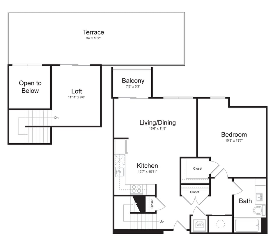 Floor Plan - One Bedroom/One Bath (1LL-A) Terrace, Loft and ...