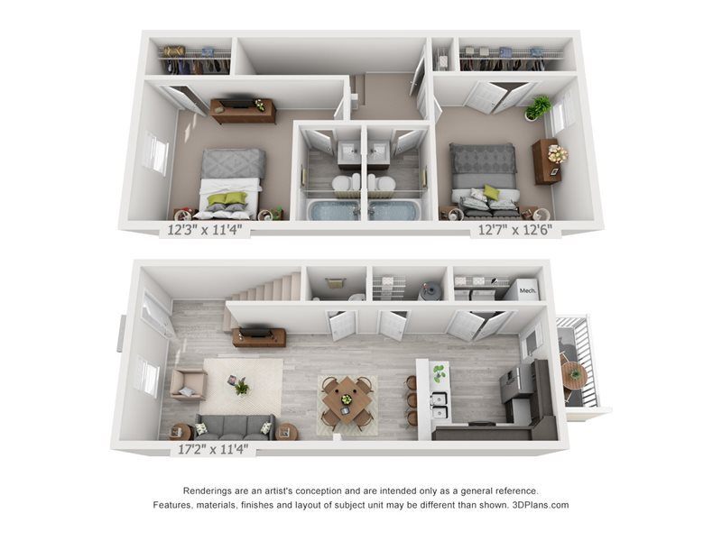 Floor Plan - 2 Bedroom, 2.5BA Townhome