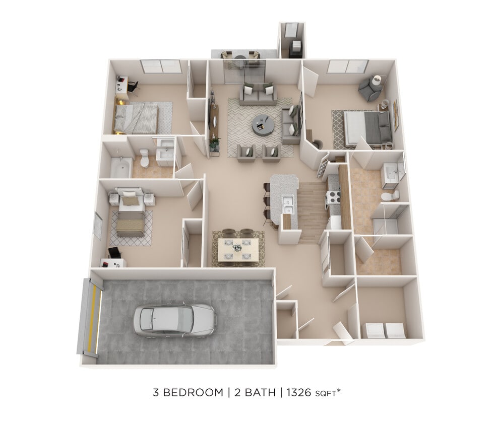 Floor Plan - Three Bedroom 2 Bath- 1,326 sqft