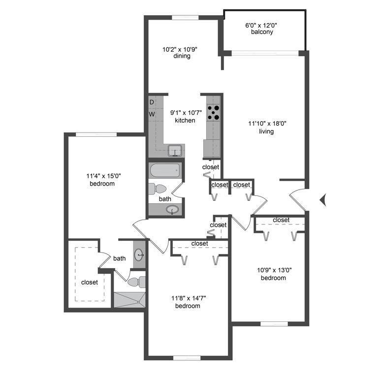 Floor Plan - 3 Bedroom 2 Bathroom w/ WD