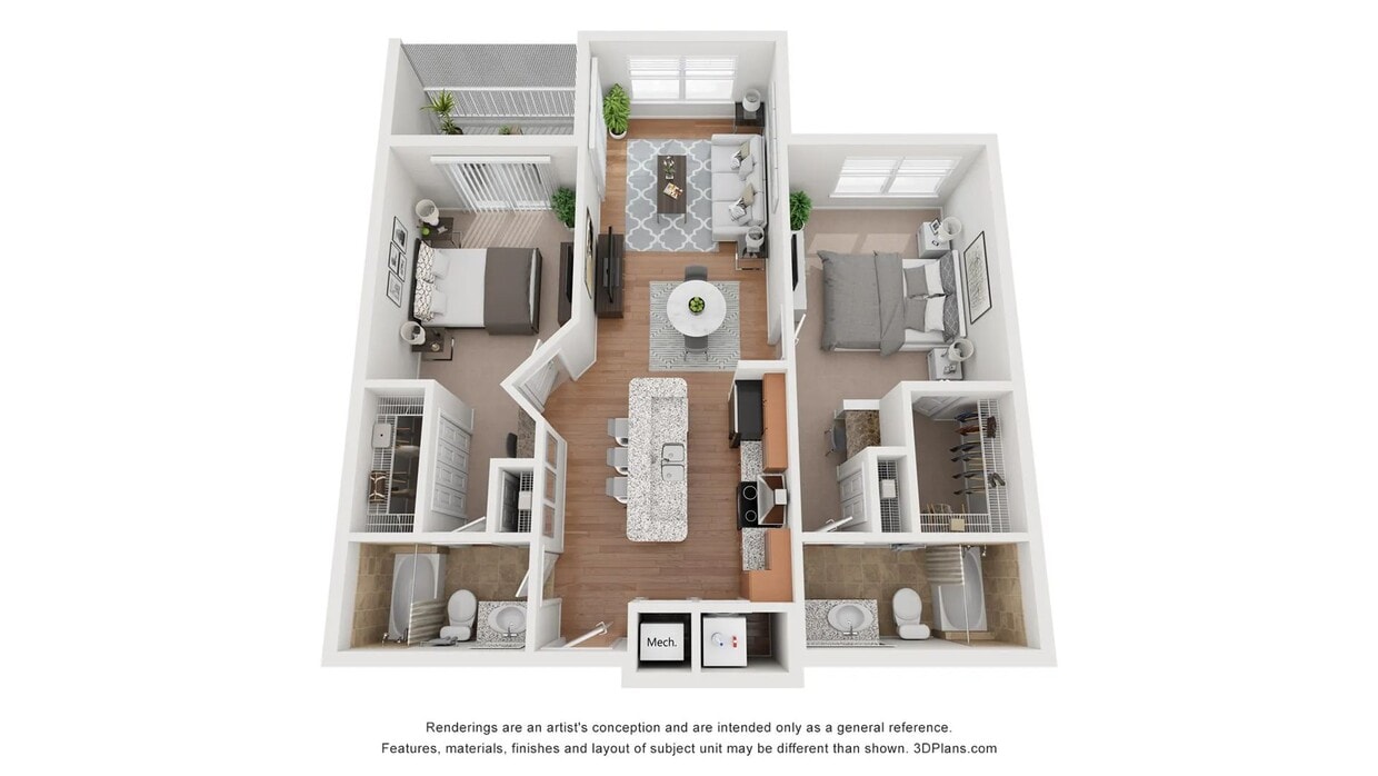 A 3D floor plan rendering of The Jacaranda. - Jacaranda