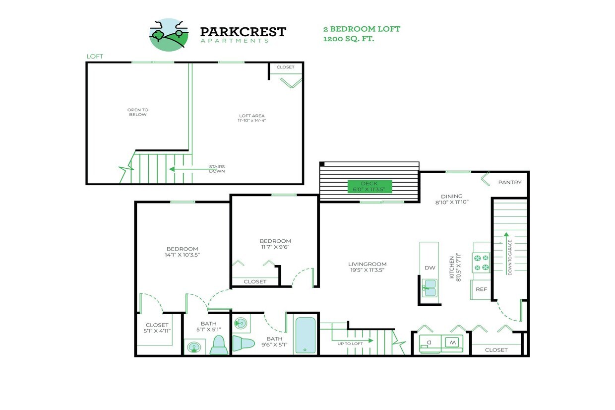 Floor Plan - 2 Bed, 1.5 Bath Loft - 1,200 sq ft
