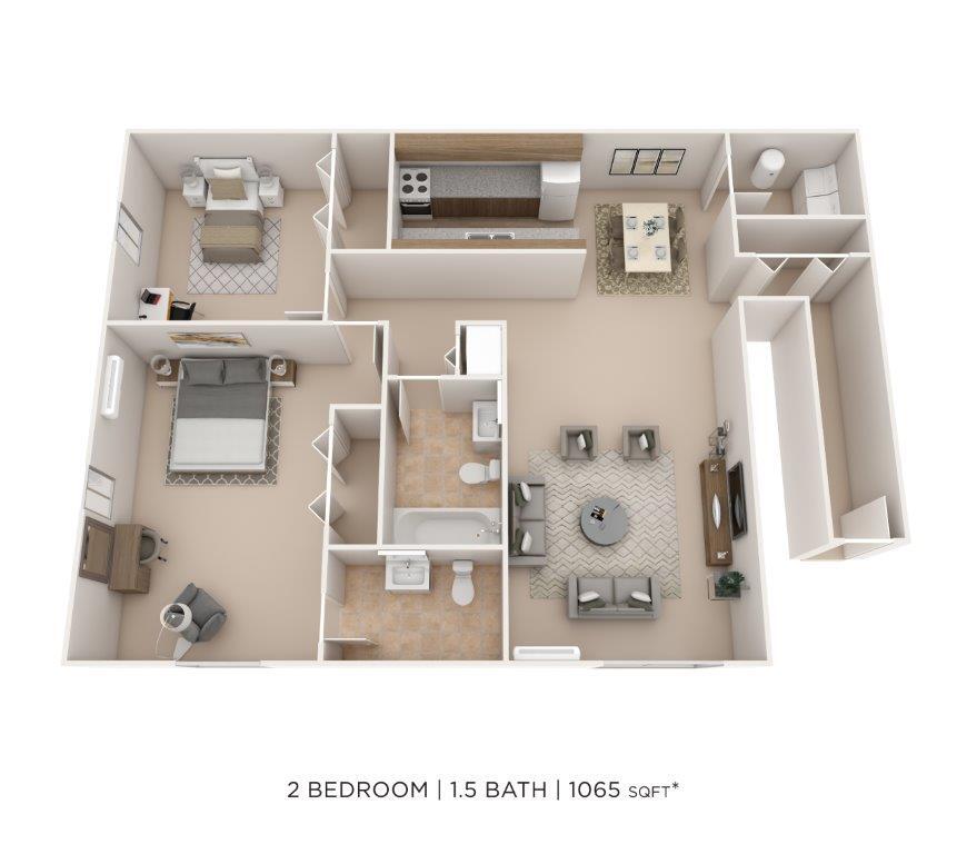 Floor Plan - Two Bedroom 1.5 Bath - 1,065 sqft