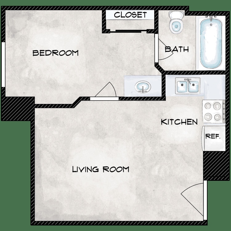 Floor Plan - 1 Bedroom 1 Bathroom- ALL UTILITIES PACKAGE