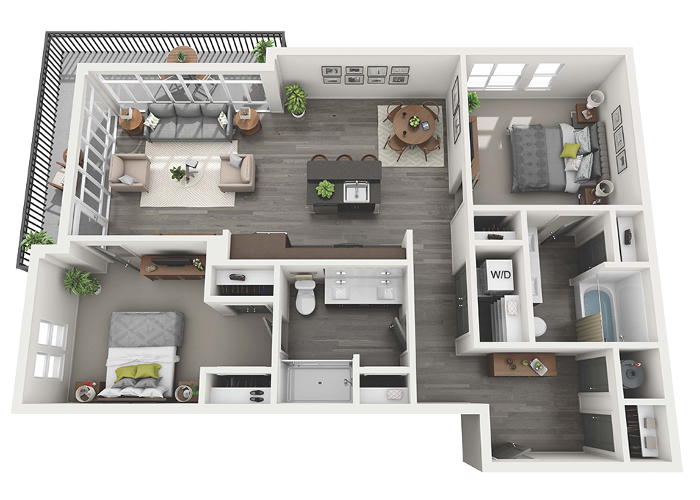 Floor Plan - 2 Bedroom 2 Bath - 1192 sq. ft.