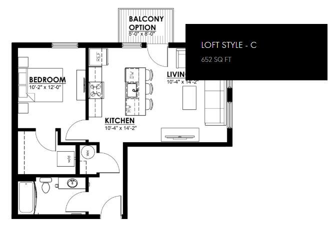 Floor Plan - 1 Bed 1 Bath - 649 sf