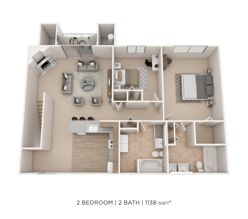 Floor Plan - Two Bedroom 2 Bath - 1,138 sqft