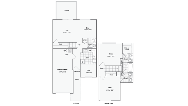 Townhouse Floorplan: 2 Bedrooms/2.5 Bathrooms - 2-Level Duplex 2x2.5 with Attached Garage